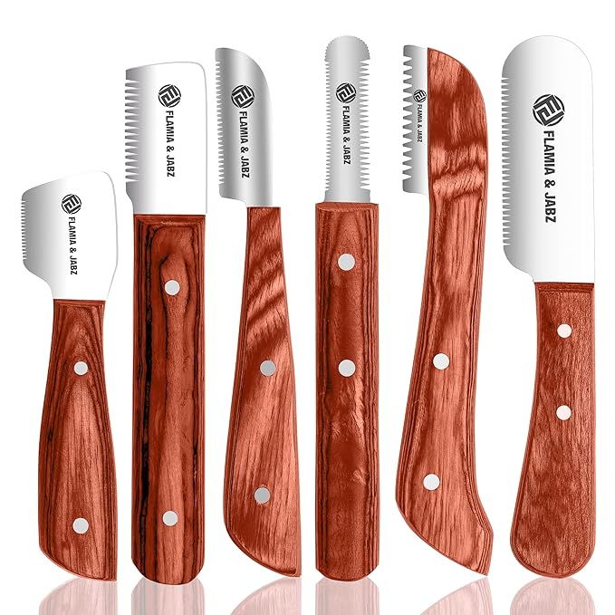 FLAMIA & JABZ FJ Professional Stripping Knife kit (6 pieces set) for Dogs & Pets, Wooden Handle Grip with Stainless Steel Blade (Right handed) (Orange)