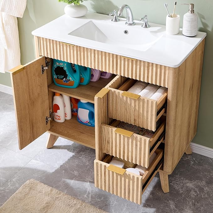 T4TREAM 36" Fluted Bathroom Vanity with Ceramic Sink Combo，Freestanding Modern Bathroom Storage Vanity Cabinet with 2 Soft Closing Doors & 3 Drawers，Wood Grain Texture，Metal Handle，Natural Oak