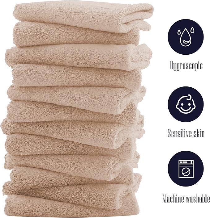 16 Pack Baby Washcloths - 10x10 Inch, Coral Fleece - Extra Absorbent and Soft Wash Clothes for Newborns, Infants and Toddlers - Suitable for Sensitive Skin and New Born - Baby Shower - Brown
