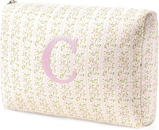 HBselect Initial Quilted Makeup Bag, Pink Cosmetic Travel Toiletry Bag, Flowers Coquette Zipper Make Up Pouch Organizer Teen Girl Gift Trendy Stuff C
