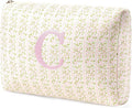 HBselect Initial Quilted Makeup Bag, Pink Cosmetic Travel Toiletry Bag, Flowers Coquette Zipper Make Up Pouch Organizer Teen Girl Gift Trendy Stuff C