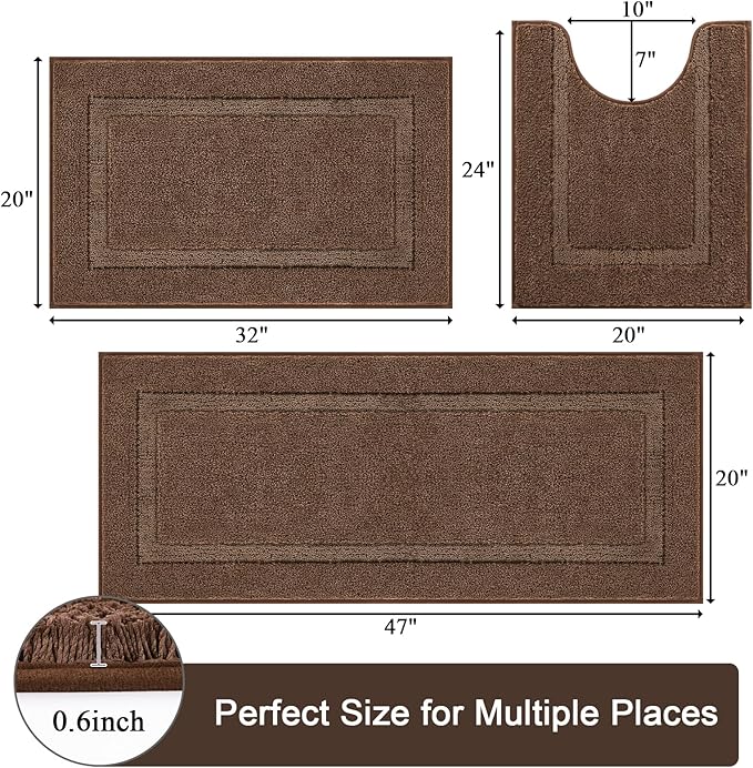 SHACOS Soft Fluffy Bathroom Rugs Set of 3 Pieces with Runner U Shape Toilet Rugs Bath Mats Non Slip Washable Bath Rugs Absorbent Bathroom Carpet, Coffee Brown