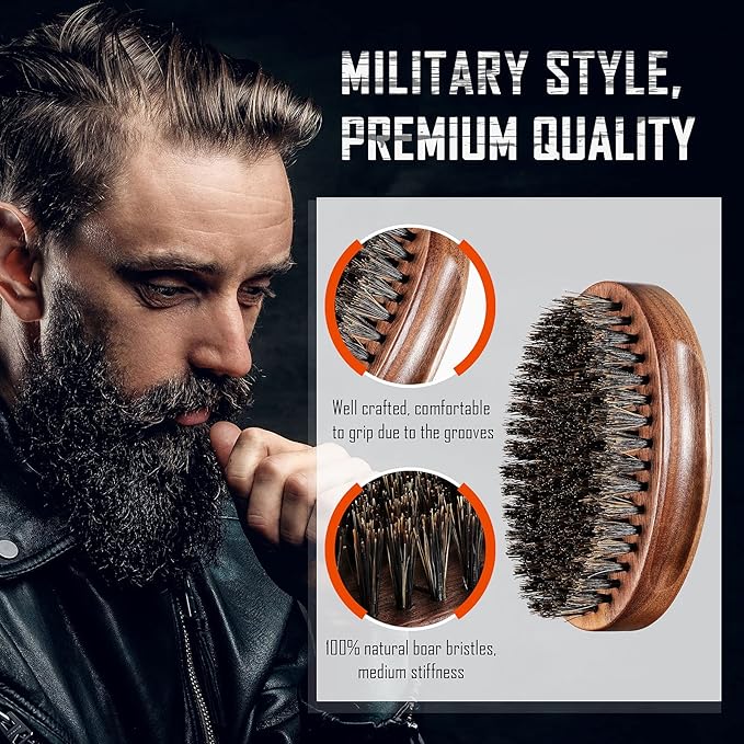 BFWood Boar Bristle Beard Brush - Black Wood Walnut Military Style, Men's Wooden Mustache Brush