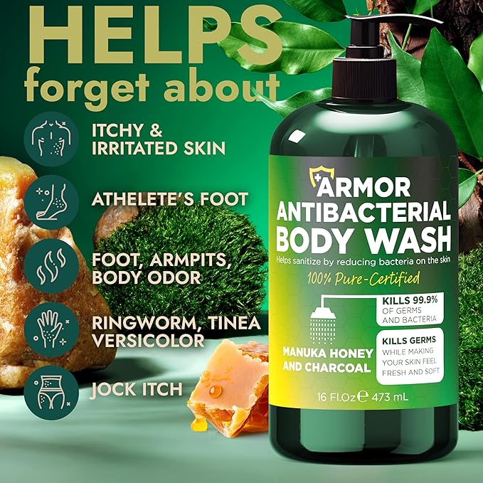 Antibacterial Body Wash | Antibacterial Soap for Men & Women | Kills 99.9% of Germs & Bacteria | Helps with Back Acne, Body Odor & Skin Irritation | Manuka Honey & Charcoal | Includes Scrubber16 fl oz