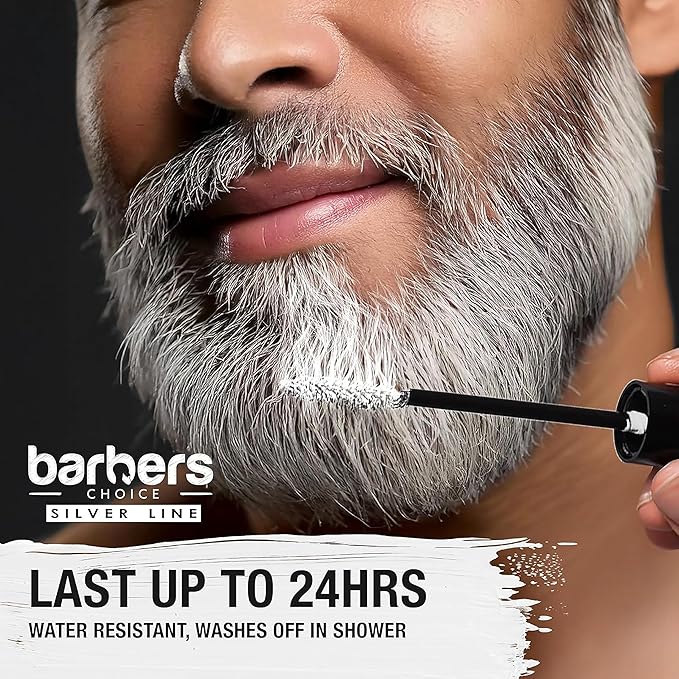 Barbers Choice Silver Line, Facial Hair Brush on Temporary Color for Silver Fox Men- Instantly Brighten White Beards, Mustache & Sideburns, Less Yellow, Easy Application, Off-White