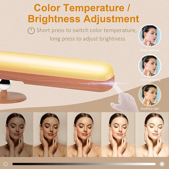 Vanity Light for Mirror with 4000mAh Rechargeable Battery, Touch Control Dimmable Makeup Light with 3 Color Modes, Magnetic 360° Adjustable LED Bathroom Mirror Light, Light Wood