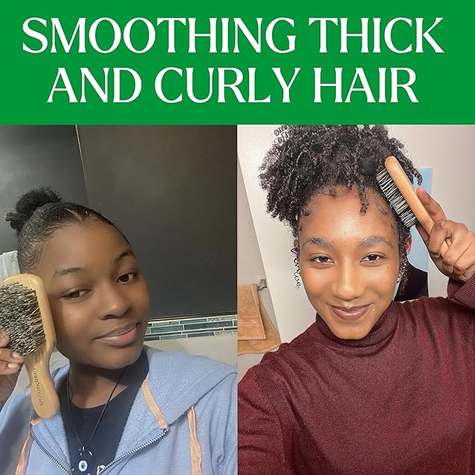 GranNaturals Hard Bristle Slick Back Hair Brush for Men & Women with Thick Curly Hair - Stiff Nylon Small Hairbrush for Smoothing, Waves, Beard, Fades, Locs, Dreads