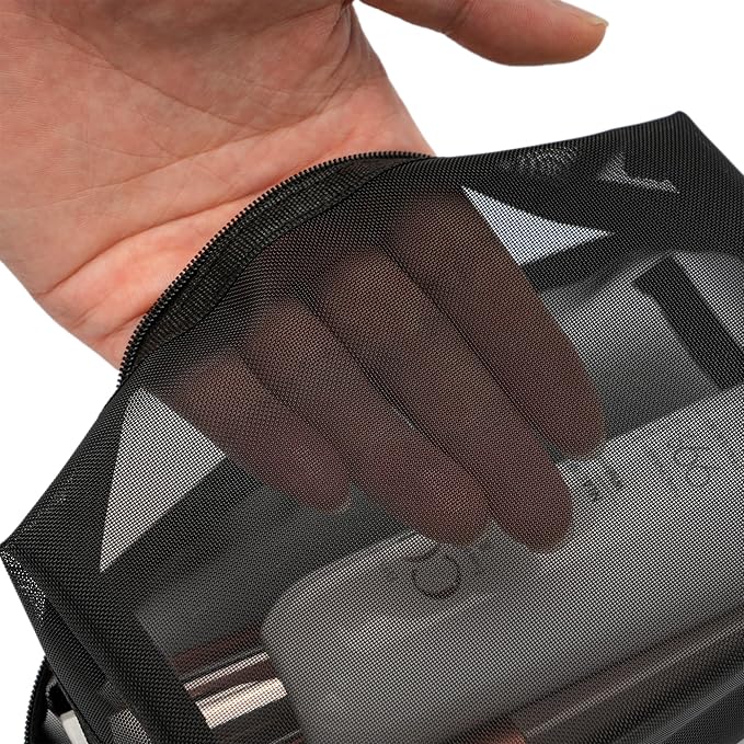 Portable Mesh Makeup Bag with Zipper Small Travel Toiletry Bag Lightweight Cosmetic Pouch (Black Square)