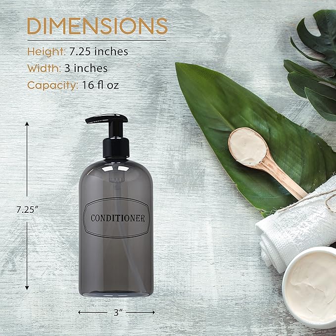 Bottiful Home-16 oz Shampoo and Conditioner Refillable Empty Plastic Pump Bottle Dispenser Set (Gray)