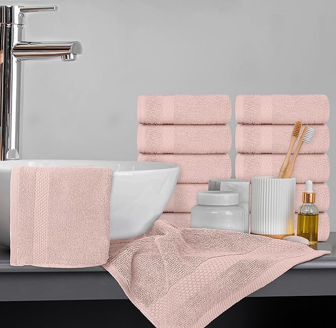 White Classic Luxury Cotton Washcloths 13x13 Inch - 650 GSM Turkish Cotton | Hotel, Spa, Bathroom Face Towel | 12 Pack, Pink