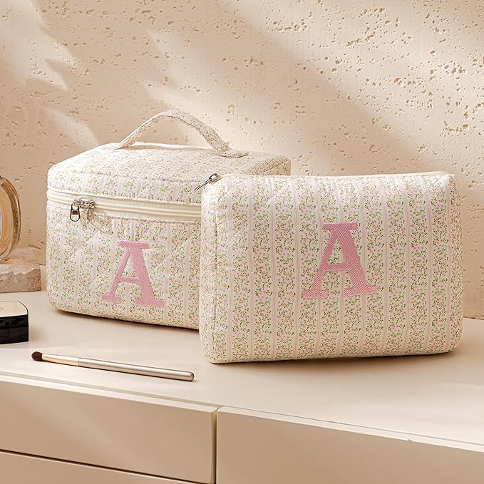 HBselect 2Pcs Initial Quilted Makeup Bag, Pink Cosmetic Travel Toiletry Bag, Flowers Coquette Zipper Make Up Pouch Organizer Teen Girl Gift Trendy Stuff K