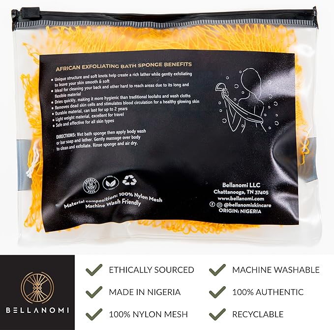 BELLANOMI African Exfoliating Net Sponge, Authentic, Ethically sourced from Nigeria, 45 inches Long, Back Scrubber for Daily use (Yellow)