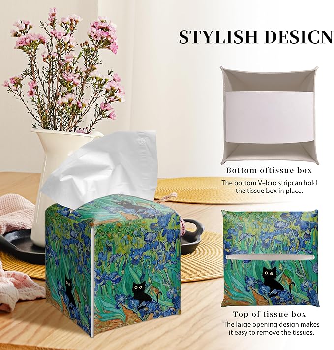 Grace Yonks Art Tissue Box Cover Square - Black Cat Among Irises Design 5.2" PU Leather Holder for Vanity, Desk, or Bathroom Counter - Cube Case for Facial Tissues. (121)