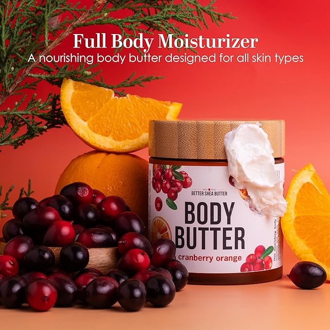 Cranberry Orange Body Butter with Raw Shea Butter and Jojoba Oil, Body Moisturizer for Dry Skin, Sweet Citrus Hydrating Lotion for Women and Men
