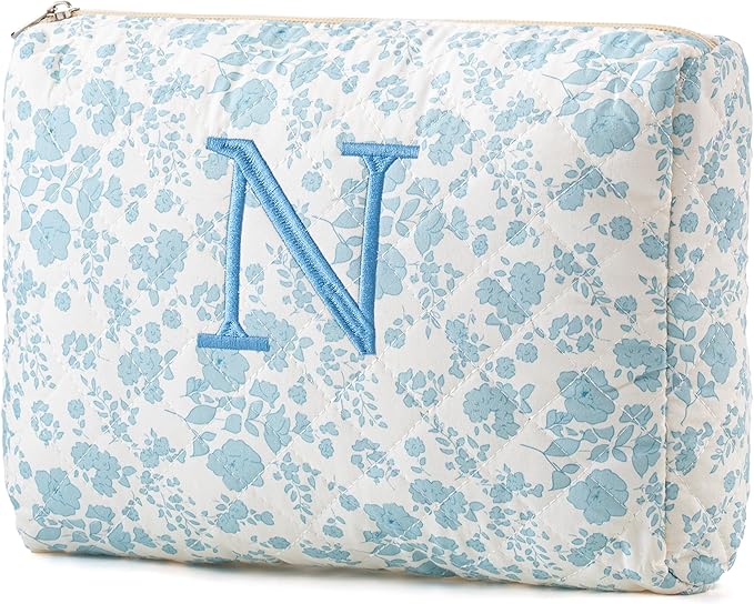 HBselect Initial Quilted Makeup Bag, Cotton Large Travel Makeup Bag, Cute Floral Coquette Make up Bag Cosmetic Bag Toiletry Bag for Women Girls N