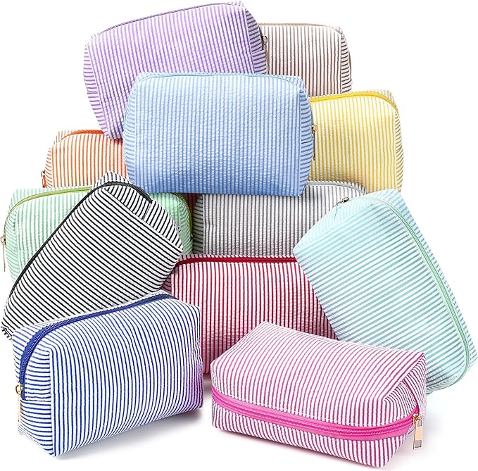 Sanwuta 12 Pcs Seersucker Cosmetic Bags Bulk Seersucker Makeup Bags Stripe Women Pouch Large Preppy Storage Pouch Toiletry Travel Organizer for Wedding Bridesmaid Bride Favor Mom Gift (Neutral)
