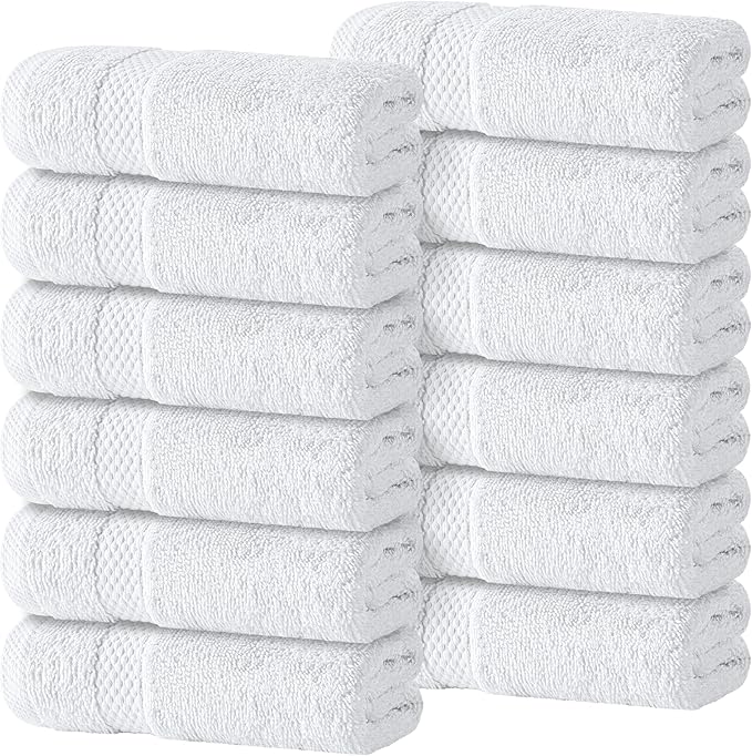 White Classic Luxury Cotton Washcloths 13x13 Inch - 650 GSM Turkish Cotton | Hotel, Spa, Bathroom Face Towel | 12 Pack