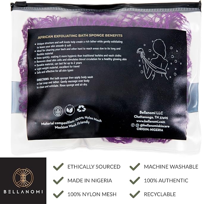 Bellanomi African Exfoliating Net Sponge, Authentic, Ethically sourced from Nigeria, 45 inches Long, Back Scrubber for Daily use (Indigo)