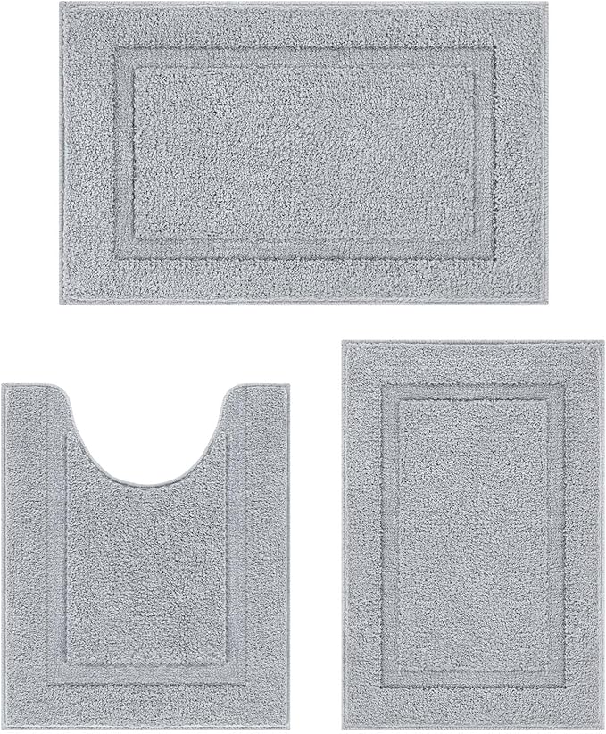 SHACOS Soft Fluffy Bathroom Rugs Set of 3 Pieces Bath Mats with U Shape Toilet Rugs Non Slip Washable Bath Rugs Absorbent Bathroom Carpet for Shower Tub, Light Gray