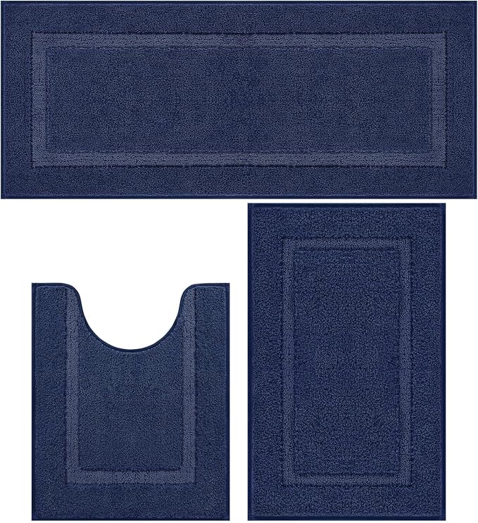 SHACOS Soft Fluffy Bathroom Rugs Set of 3 with Runner Rug U Shape Toilet Rugs Bath Mats Non Slip Washable Bath Rugs Absorbent Bathroom Carpet for Shower Tub, Navy Blue