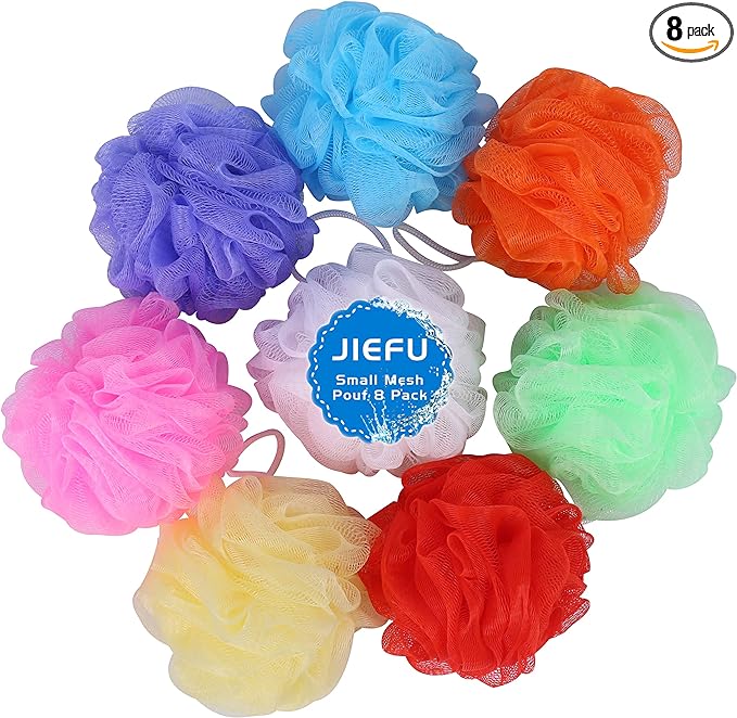 Bath Sponges, Small Size Colorful Shower Sponges Exfoliating Mesh Pouf Bath Ball Body Scrubber for Kids Pack of 8