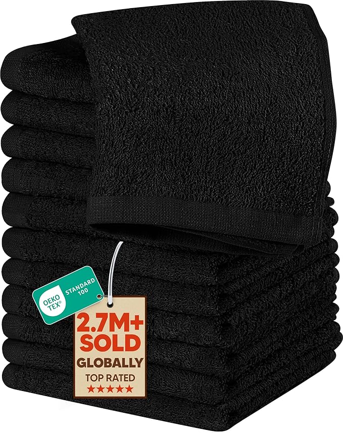 Utopia Towels 12 Pack Cotton Washcloths Set, 100% Ring Spun Cotton, Premium Flannel Face Cloths, Highly Absorbent and Soft Feel Fingertip Towels, Black