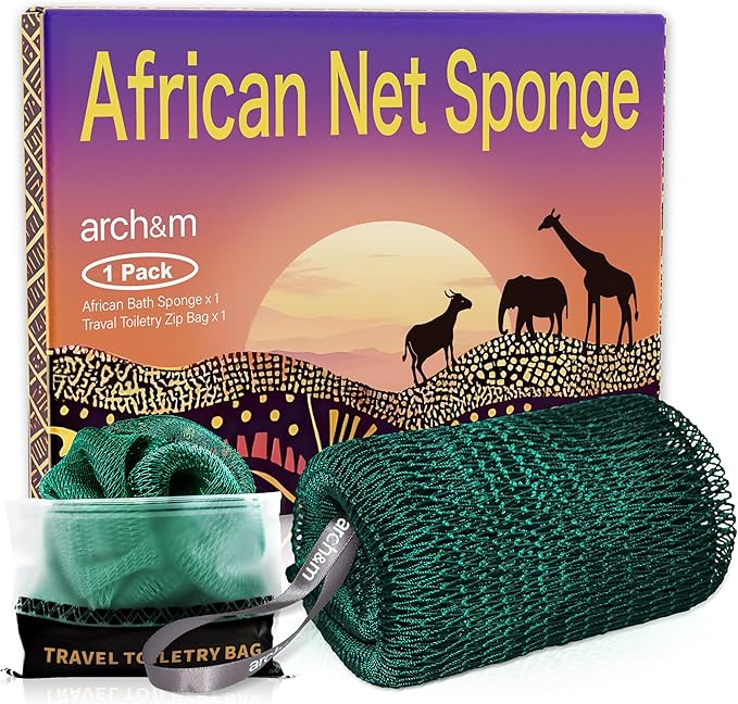 ARCH&M African Net Sponge Authentic - Authentic Exfoliating Shower & Bath Loofah, 53" Long Back Scrubber, Quick-Dry Mesh Body Sponge for All Skin Types, Sensitive-Skin Friendly, Travel Toiletry Bag