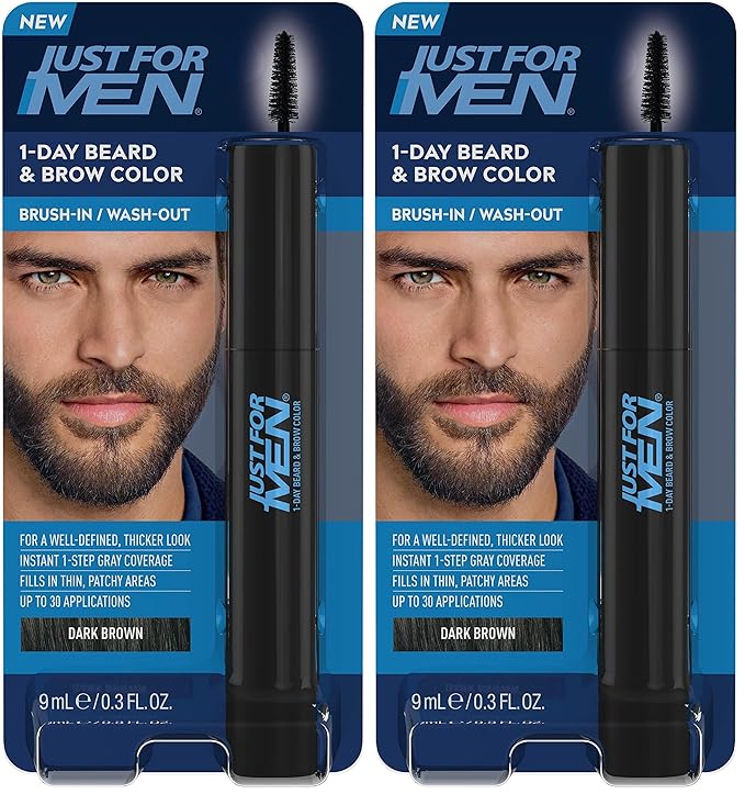 Just for Men 1-Day Beard & Brow Color, Temporary Color for Beard and Eyebrows, For a Fuller, Well-Defined Look, Up to 30 Applications, Dark Brown (Pack of 2)