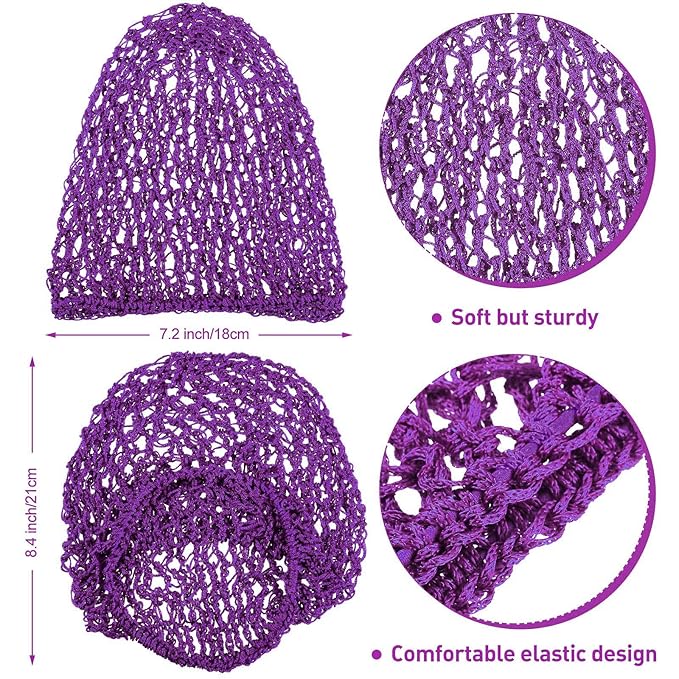 Waydress 2 Pieces Mesh Hair Net Rayon Knit Snood Women Crocheted Sleep Cap (Black, Purple)