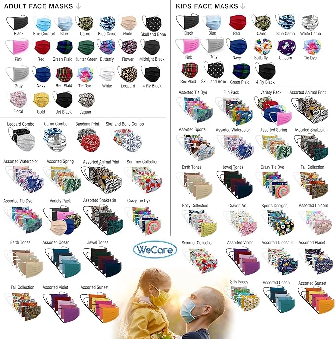 WECARE Disposable Face Mask Individually Wrapped - 50 Pack, Printed Masks - 3 Ply
