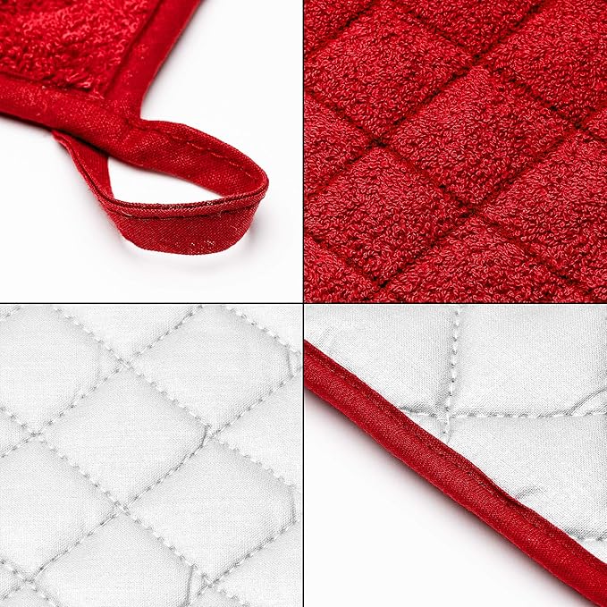 GROBRO7 6Pcs Cotton Quilted Terry Oven Set Pot Holders Heat Resistant Multipurpose 7’'x7’' Hot Pads with Hanging Loop Durable Machine Washable Oven Mitts for Daily Kitchen Baking and Cooking Red
