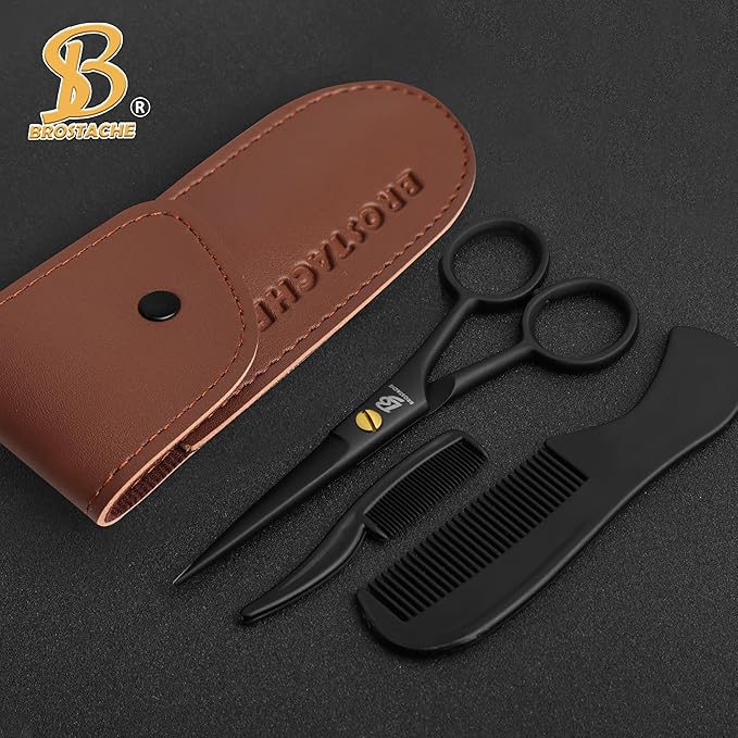 5” Professional Beard and Mustache Scissors, German Steel Beard Scissors Come with Mustache Comb, Beard Comb and Carrying Pouch. Grooming Scissor for All Facial Hair Scissors (Black)