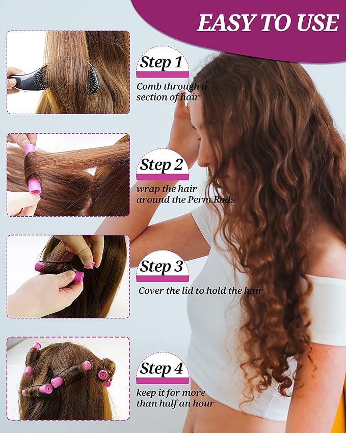 60pcs Perm Rods for Women's Natural Hair, Purple, 0.75inch - Hair Roller Curler Perm Rods for Long Medium Small Hair - Plastic Cold Rods, Hairdressing Styling Tool