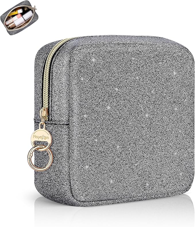 5.7" Small Makeup Bag, Glitter Cosmetics Bag for Purse, Portable Small Travel Makeup Pouch with Ring Buckle (Black)