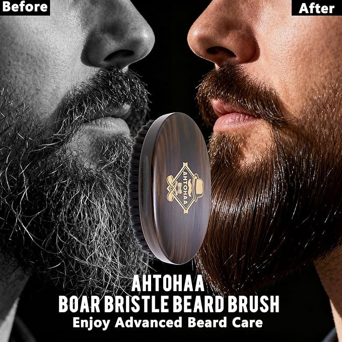 Professional Men's Beard Brush with Boar Bristles - Small Sized Travel Wooden Mustache Brush for Daily Grooming & Styling (Hat)