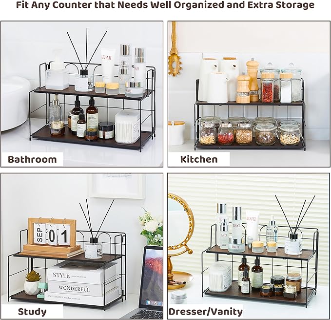 Bathroom Counter Organizer 10s Tool-Free Install, 2 Tier Bathroom Organizers and Storage, Collapsible Bathroom Organizer Countertop, Wood Bathroom Kitchen Countertop Organizer, Black