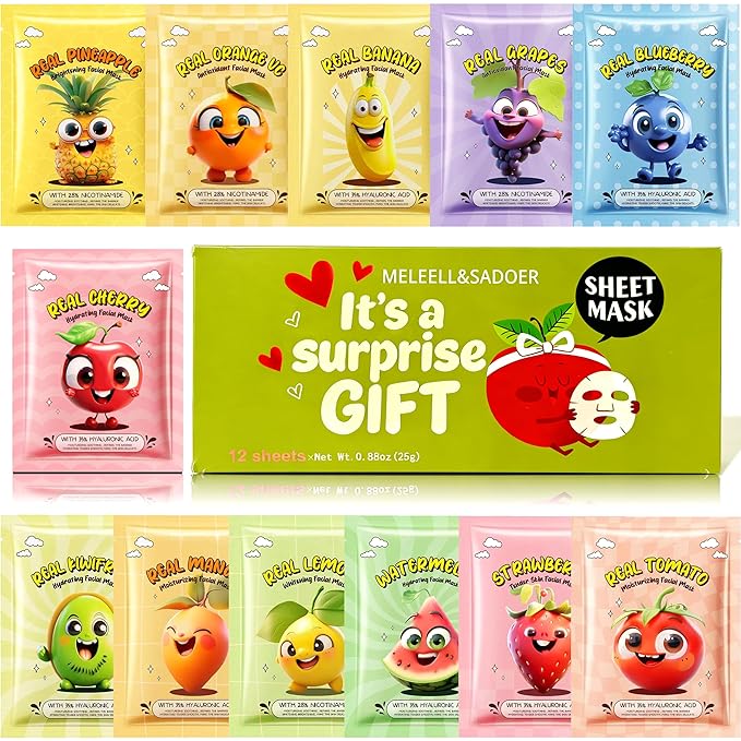 Collagen Face Masks Skincare Bulk,Hydrating Spa Face Mask Beauty for Sensitive Skin,Sheet Mask for Women Skin Care, Facial Mask Sets for Teen Girls (12 Masks Fruits)