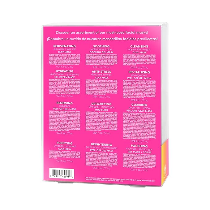 Freeman 14 Piece Love To Mask Variety Pack, Facial Masks For All Skin Types, Hydrate, Detoxify, & Clear Skin, Exfoliating Scrub, Bonus Headband and Skin Buffer, Face Masks Are Cruelty-Free & Vegan