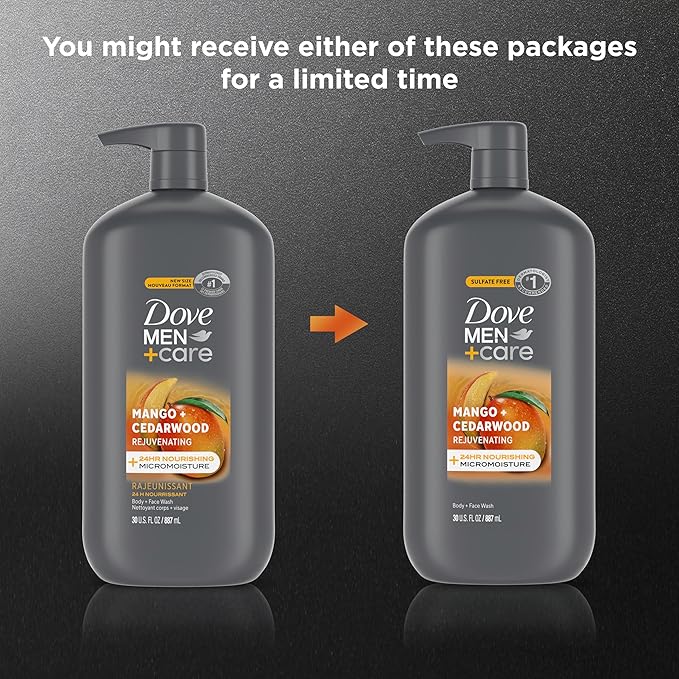 DOVE MEN + CARE body and face wash rejuvenating mango + cedarwood for Men, with 24-Hour Nourishing Micromoisture Technology, 30 oz,(Pack of 2)