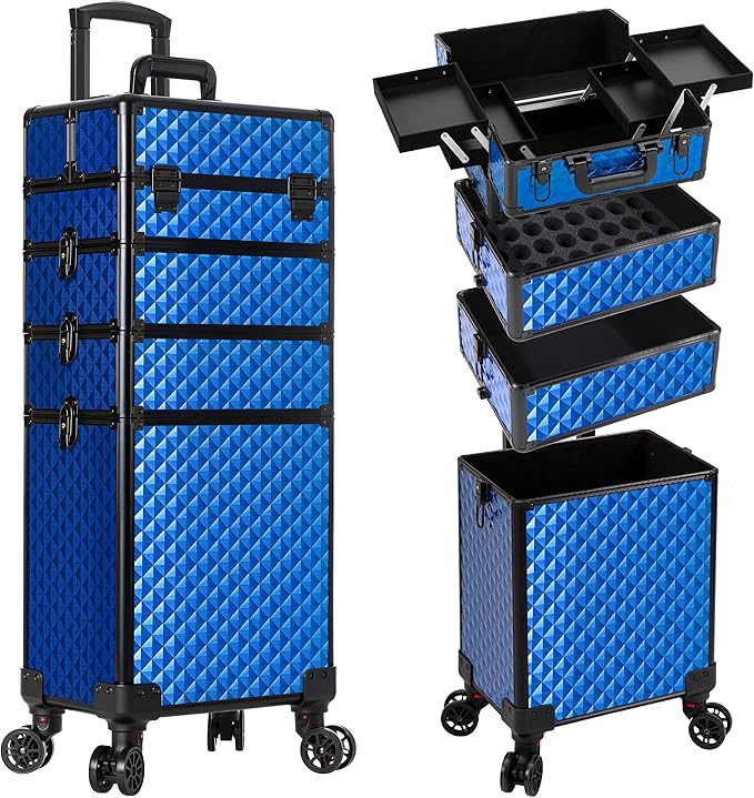 AROUS Rolling Makeup Train Case 4 in 1 Cosmetology Case on Wheels Large Storage Cosmetic Trolley with Key Salon Barber Traveling Cart Trunk, Blue
