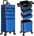 AROUS Rolling Makeup Train Case 4 in 1 Cosmetology Case on Wheels Large Storage Cosmetic Trolley with Key Salon Barber Traveling Cart Trunk, Blue