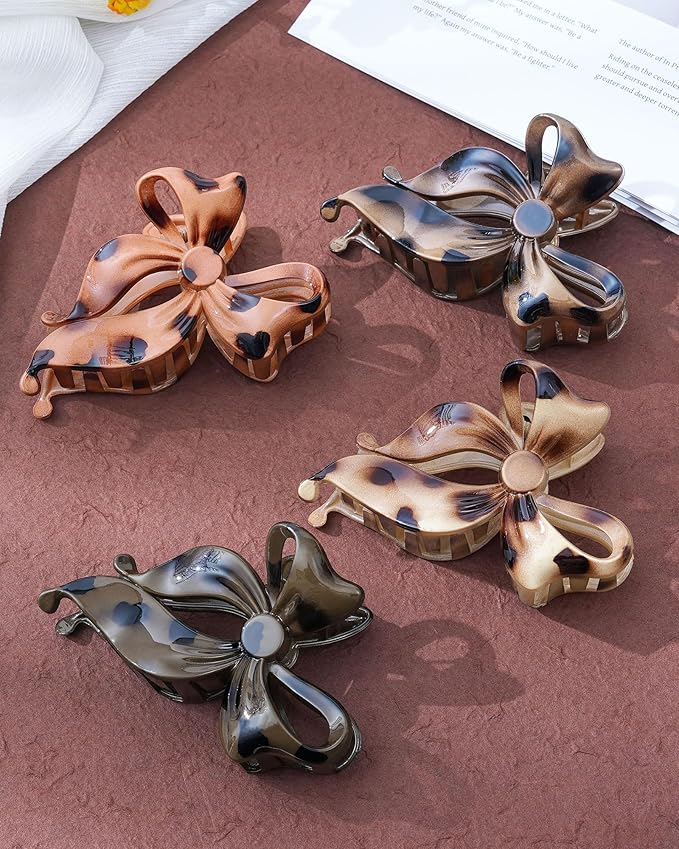 Mesovor 4 pack Cute Bow Claw Clip for Women, Nonslip Large Matte Strong Hold Bows Hair Clips for Thin and Thick Hair | Chic Hair Styling Accessories (Caramel Color)