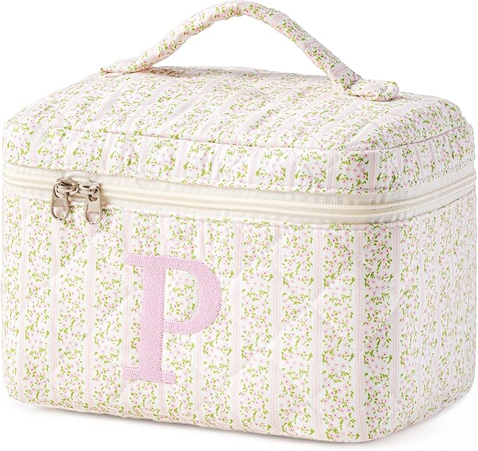 HBselect Initial Quilted Makeup Bag, Pink Cosmetic Travel Toiletry Bag, Flowers Coquette Zipper Make Up Pouch Organizer Teen Girl Gift Trendy Stuff P