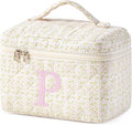 HBselect Initial Quilted Makeup Bag, Pink Cosmetic Travel Toiletry Bag, Flowers Coquette Zipper Make Up Pouch Organizer Teen Girl Gift Trendy Stuff P