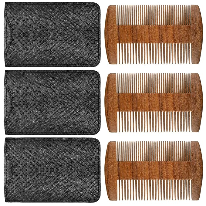 3 Pieces Beard Comb for Men Natural Sandalwood Wooden Mustaches Combs Dual Action Teeth Beard Comb with 3 Pieces Pocket Faux Leather Case for Beards Mustaches(Brown)