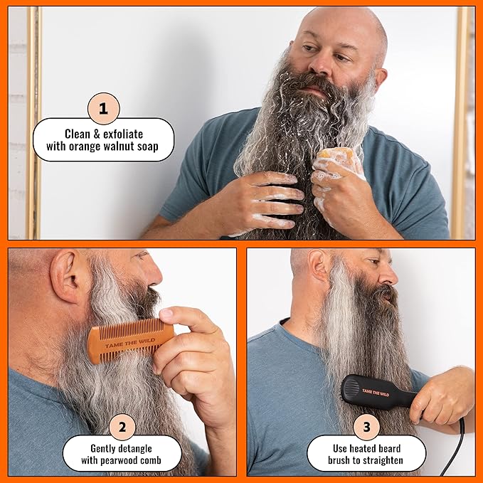 Beard Straightener for Men Kit - Includes Portable Heated Beard Brush, Beard Soap, Pearwood Comb, & Storage Case