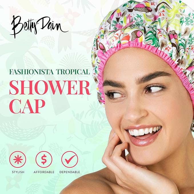 Reusable Bath & Shower Cap Lined, Oversized Waterproof Shower Caps Large Designed for all Hair Lengths with PEVA Lining & Elastic Band Stretch Hem Hair Hat - Fashionista Tropical