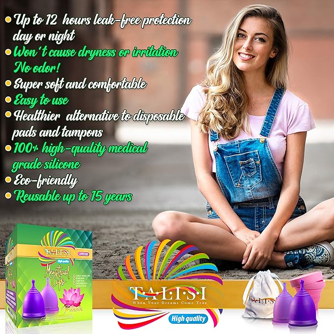 Talisi Reusable Menstrual Cup (Small & Large) Set of 2 with Foldable Silicone Sterilizer, Copa Menstruelle, Soft Period Cup, Heavy & Light Flow, Feminine Hygiene, Tampons, Pads & Disc Alternative