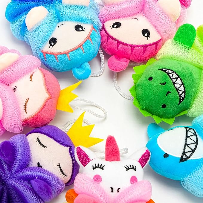 MURRI&MURRDI 4 Pack Kids Bath Sponges - Cute Animal Shower Pouf Set, Gentle Exfoliating Body Scrubber for Toddlers, Cartoon Mesh Loofah Gift for Boys & Girls