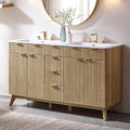 T4TREAM 60" Fluted Bathroom Vanity with Resin Sink Combo，Freestanding Modern Bathroom Storage Vanity Cabinet with Soft Closing Doors & 3 Drawers，Wood Grain Texture，Metal Handle，Natural Oak